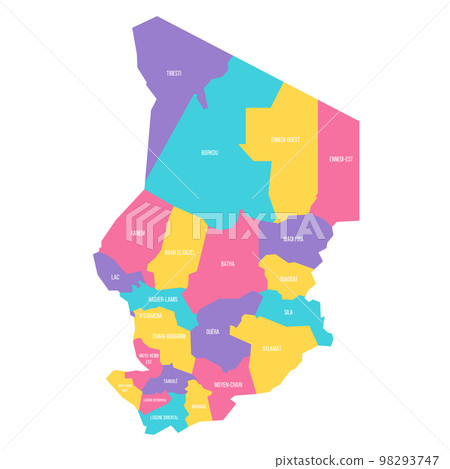 Chad political map of administrative divisions - regions. Colorful vector map with labels. Chad political map of administrative divisions - regions. Colorful vector map with labels. 98293747