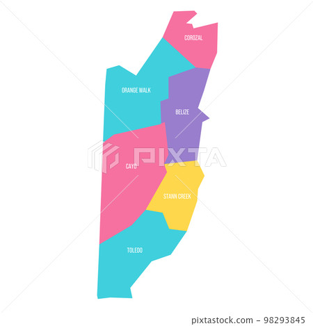 Belize political map of administrative divisions - districts. Colorful vector map with labels. Belize political map of administrative divisions - districts. Colorful vector map with labels. 98293845