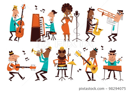 Jazz musicians. Cartoon band characters, funny people, different musical instruments, cute pianist, vocalist and saxophonist, drummer and singer, tidy vector orchestra performance set Jazz musicians. Cartoon band characters, funny people, different musical instruments, cute pianist, vocalist and saxophonist, drummer and singer, tidy vector orchestra performance set 98294075