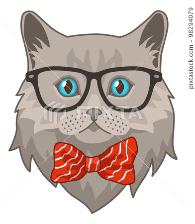 Cat in glasses with butterfly tie. Cute animal head, funny hipster avatar, trendy character, web icon, modern print, decorative element, vector cartoon flat style isolated meow illustration 98294079