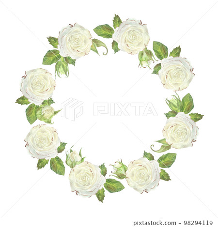 Round wreath of white roses and buds with leaves. Place for inscription or text. Watercolor illustration. Isolated on a white background. For design of dishes, greeting card, wedding invitation Round wreath of white roses and buds with leaves. Place for inscription or text. Watercolor illustration. Isolated on a white background. For design of dishes, greeting card, wedding invitation 98294119