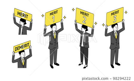 Illustration of men and women holding placards of merits and demerits, vector Illustration of men and women holding placards of merits and demerits, vector 98294222