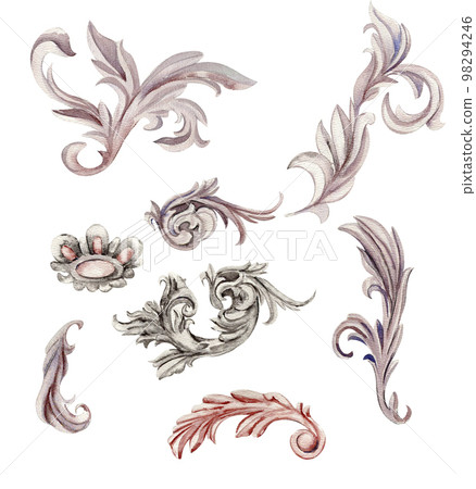 Watercolor illustration of an old romantic baroque ornaments set. Hand-drawn in watercolour on a white background. Perfect for wedding invitation, greetings card, posters, party decoration 98294246