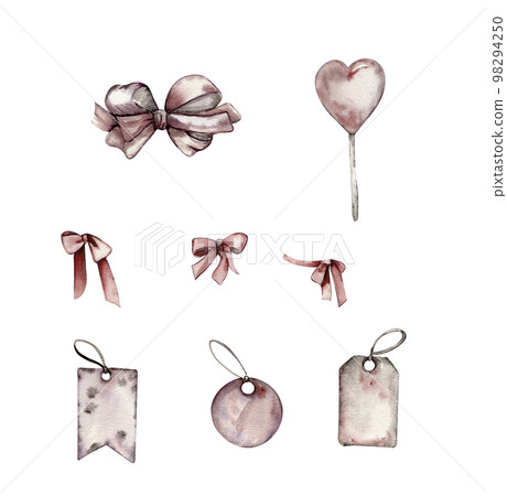 Watercolor illustration of an old rusty elements, ribbon, paper stickers. Perfect for wedding invitation, greetings card, posters, party decor. Hand drawn with watercor. Isolated in white. 98294250