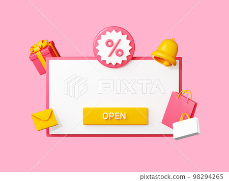 Discount reminder 3d render template - white banner with empty space for text, percent sign and push button. 98294265