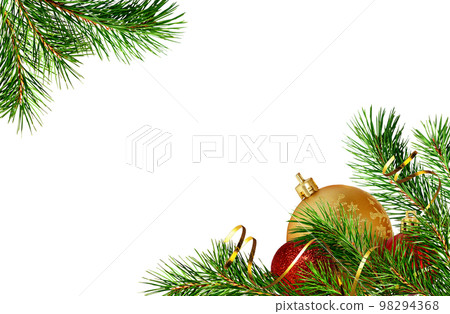 Pine twigs and Christmas decorations in corners isolated Pine twigs and Christmas decorations in corners isolated 98294368