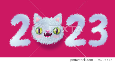 Vector emblem for new year of 2023 with head of a cute cat in realistic style. Vector icon of kawaii cat for 2023 year. Kitty emoji for Chinese new year. 98294542
