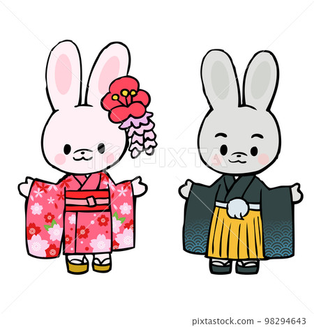 兩隻和服兔子的手繪插圖 98294643