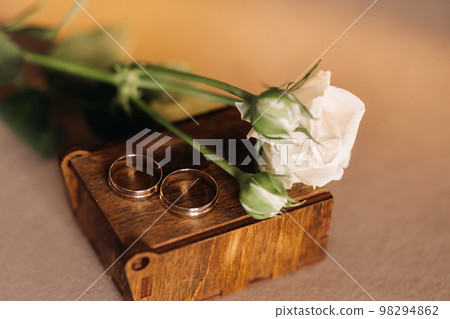 Designer wedding rings lying on the surface with a rose. Two wedding rings 98294862