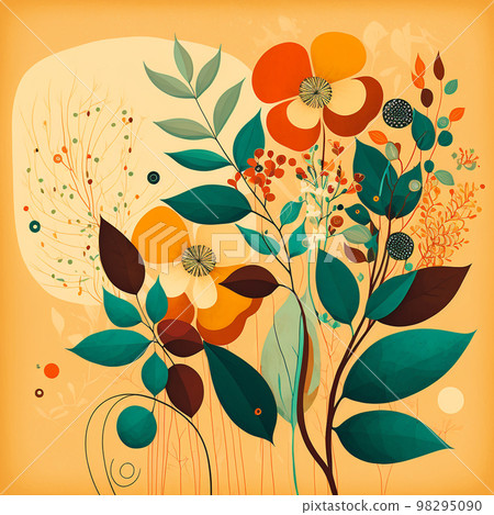 Original floral design with exotic flowers and tropic leaves. Colorful flowers on orange background. 98295090