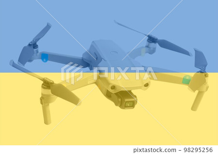 Double exposure of Flag of Ukraine and quadcopter drone aerial camera 98295256