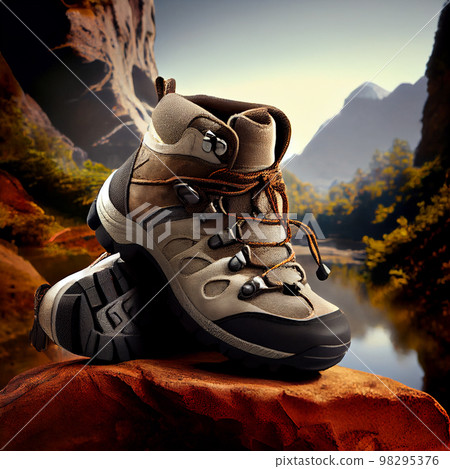 Hiking boots outdoors in fall autumn background. 98295376