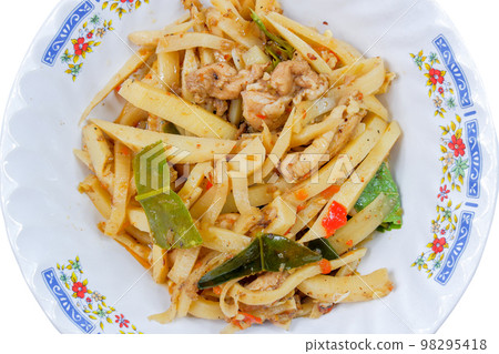 Thai food ,Stir-fried spicy bamboo shoots with white background 98295418
