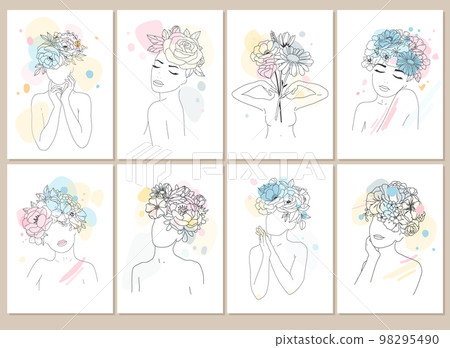 Set Minimal Line Drawing Woman Flower Images.  98295490