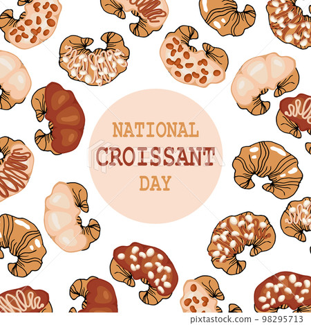 National croissant day, festive background from different colorful french croissants. Banner, poster, vector 98295713