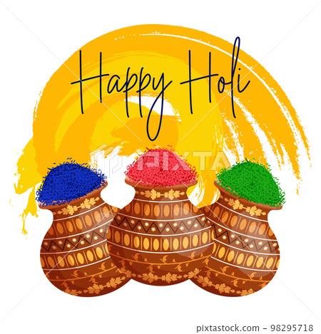 Happy Holi, the spring festival of colors in India. Jugs with paints on grunge texture and congratulatory text. Banner, postcard, vector 98295718