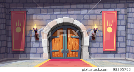medieval castle room with flags wooden door 98295793