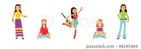 Man and Woman Hippies Dressed In Classic Sixties Hippy Subculture Clothes Vector Set Man and Woman Hippies Dressed In Classic Sixties Hippy Subculture Clothes Vector Set 98295969