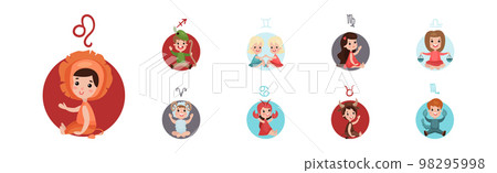 Cute Kids and Horoscope Astrological Sign Vector Set Cute Kids and Horoscope Astrological Sign Vector Set 98295998