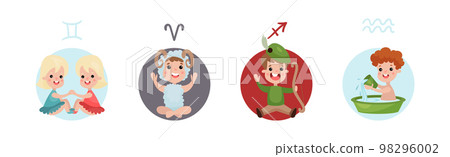 Cute Kids and Horoscope Astrological Sign Vector Set Cute Kids and Horoscope Astrological Sign Vector Set 98296002
