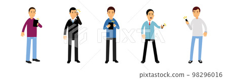 Young Man with Smartphone and Tablet Communicating Via Internet Vector Set 98296016