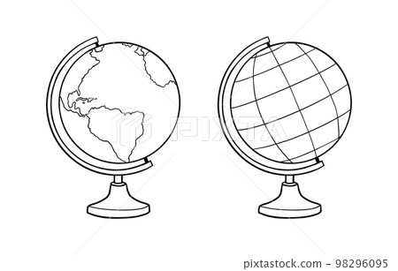 School Globe Doodle Sketch. Hand drawn globe on a stand. Model of the Earth. Education equipment. Coloring page. Isolated vector illustration School Globe Doodle Sketch. Hand drawn globe on a stand. Model of the Earth. Education equipment. Coloring page. Isolated vector illustration 98296095