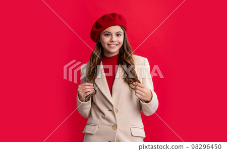 happy young stylish teen girl. photo of stylish teen girl with brunette hair. stylish teen girl 98296450