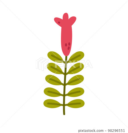 Floral Twig with Red Flower Bud and Leaves as Cute Foliage Vector Illustration 98296551