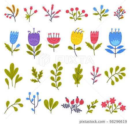 Floral Twigs with Blooming Flower and Green Leaf as Cute Foliage Vector Set Floral Twigs with Blooming Flower and Green Leaf as Cute Foliage Vector Set 98296619