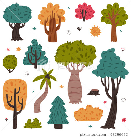 Trees and Bushes as Outdoor Landscape Element and Foliage Vector Set 98296652
