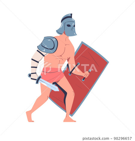 Ancient Man Gladiator as Roman Character with Shield and Sword Vector Illustration 98296657
