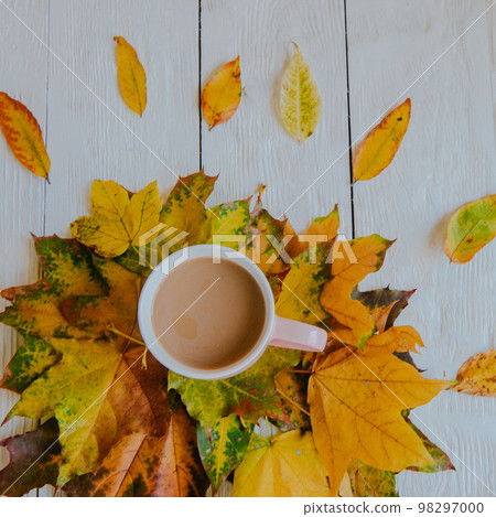 Coffee cup and yellow autumn leaves background. Still life, top of view, flat lay. Coffee cup and yellow autumn leaves background. Still life, top of view, flat lay. 98297000