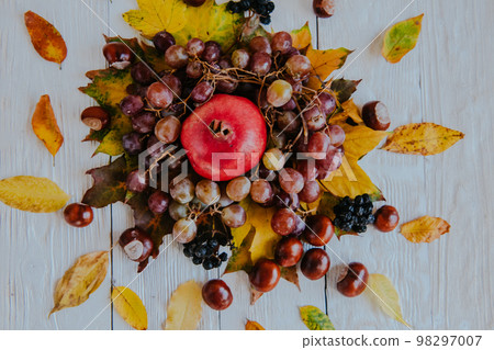 Autumn still life. apple, pumpkin, pomegranate, viburnum, leaves. Flatlay background 98297007
