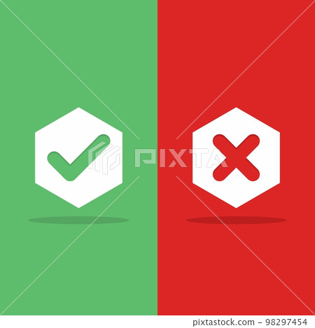 Check and wrong marks, Tick and cross marks, Accepted/Rejected, Approved/Disapproved, Yes/No, Right/Wrong, Green/Red, Correct/False, Ok/Not Ok - vector mark symbols in green and red. Isolated icon. Check and wrong marks, Tick and cross marks, Accepted/Rejected, Approved/Disapproved, Yes/No, Right/Wrong, Green/Red, Correct/False, Ok/Not Ok - vector mark symbols in green and red. Isolated icon. 98297454