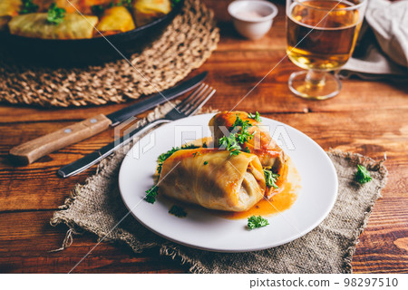 Stuffed Cabbage Rolls on White Plate 98297510
