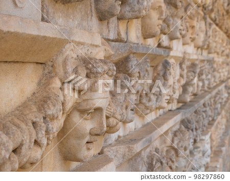 Sculpted Greek mask recovered from the ruins of the theater of Aphrodisias ancient city Aydin, Turkey 98297860