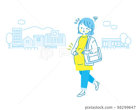 Illustration of a tired pregnant woman and the cityscape 98299647