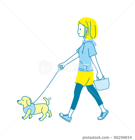 一位年輕女子遛狗的插圖 一位年輕女子遛狗的插圖 98299654
