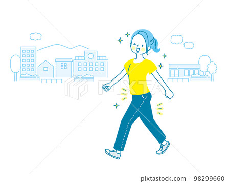 一位年輕女子在公園裡節食行走的圖像插圖 98299660
