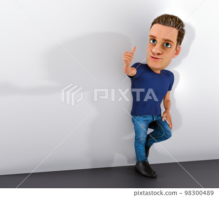young man thumb up full length standing accosted on wall everything is ok cool attitude 3D illustration 98300489