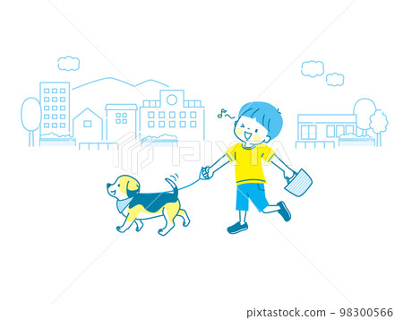Illustration of a boy walking the dog 98300566