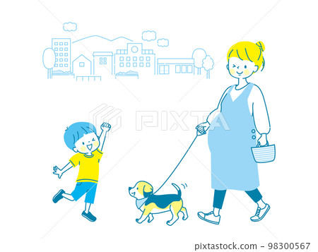 一位懷孕的媽媽和一個遛狗的男孩的插圖 98300567