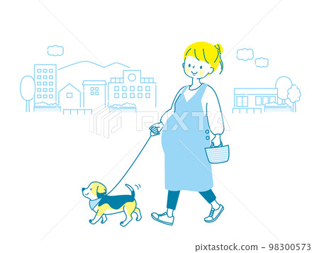 Illustration of a young pregnant woman walking the dog 98300573