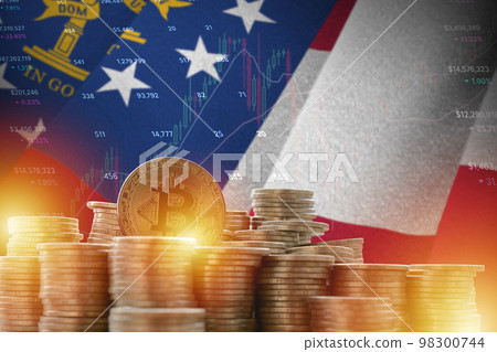 Georgia US state flag and big amount of golden bitcoin coins and trading platform chart. Crypto currency 98300744