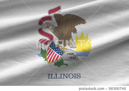 Illinois US state flag with big folds waving close up under the studio light indoors. The official symbols and colors in banner 98300748