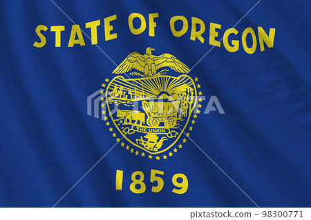 Oregon US state flag with big folds waving close up under the studio light indoors. The official symbols and colors in banner 98300771