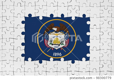 Utah US state flag in frame of white puzzle pieces with missing central part Utah US state flag in frame of white puzzle pieces with missing central part 98300779