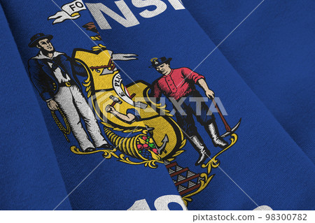 Wisconsin US state flag with big folds waving close up under the studio light indoors. The official symbols and colors in banner 98300782