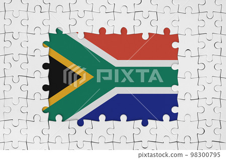 South Africa flag in frame of white puzzle pieces with missing central part South Africa flag in frame of white puzzle pieces with missing central part 98300795