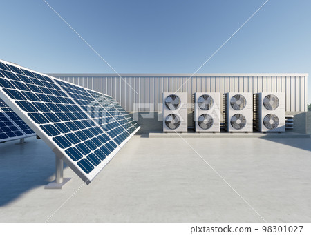3d rendering of solar panel, condenser unit on rooftop. 3d rendering of solar panel, condenser unit on rooftop. 98301027